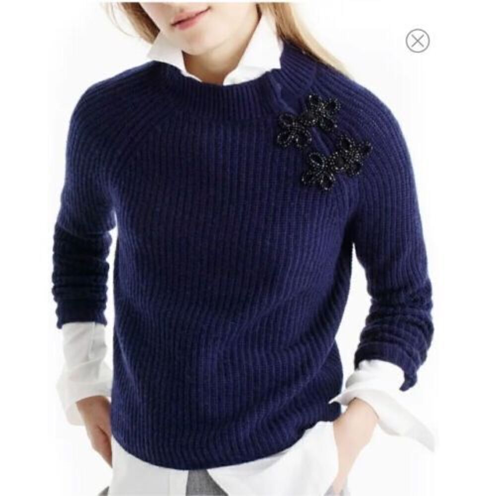 J. Crew Navy Wool Blend Mock neck Ribbed Sweater Beaded Closure Size Medium